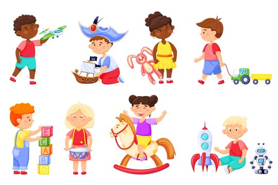Kids playing with toys. Cartoon children play with rocket, bunny. Kindergarten girl on rocking horse. Boys and girls having fun vector set. Child riding wooden horse, playing drums