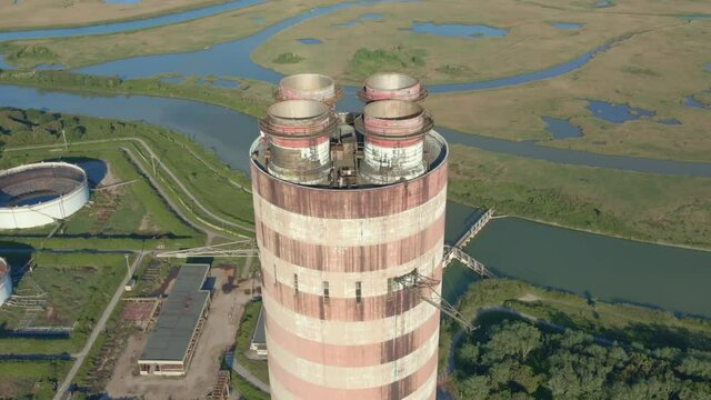 Aerial Panorama of Industrial Area with Chimne of Thermal Power Plant or Station