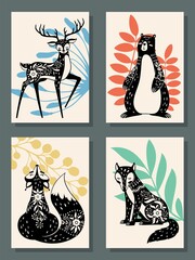 Animals posters. Scandinavian style modern forest fox, bear and wolf, deer. Scandi, finnish folk floral nordic patterns vector set. Contemporary print templates with wildlife characters © Frogella.stock