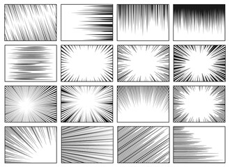 Speed lines backgrounds. Fast speed motion horizontal line manga effect, retro radial sun rays background. Comic magazine vector layouts. Dynamic movement for superhero fight, burst - obrazy, fototapety, plakaty
