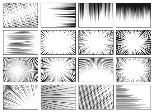 Speed lines backgrounds. Fast speed motion horizontal line manga effect, retro radial sun rays background. Comic magazine vector layouts. Dynamic movement for superhero fight, burst