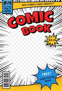 Comic book cover. Retro comics title page template in pop art style. Cartoon superhero magazine with speed rays and halftone effect vector layout. Frame with price, issue number and speed lines