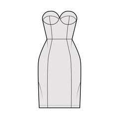 Tube dress technical fashion illustration with bustier, strapless, fitted body, knee length skirt. Flat garment apparel front, grey color style. Women, men unisex CAD mockup
