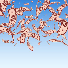 Russian ruble notes falling. Random RUB bills on b