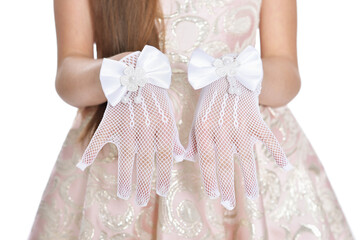 Teenage  girl in white dress showing gloves