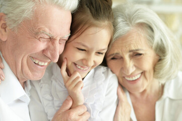 Close up shot of happy senior couple with granddaughter at home