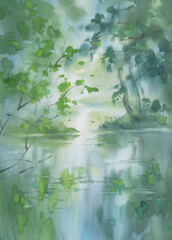 A stream in the forest in spring watercolor background