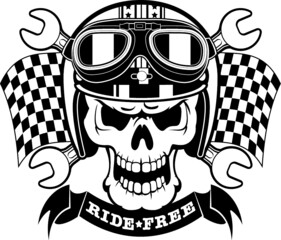 skull wearing race helmet, goggles and checked flag with crossed wrenches