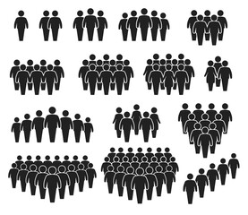 People crowd icons. Large group of people. Team of men or women. People gathering together, standing in queue. Person pictogram icon vector set. User group network, silhouettes for infographic