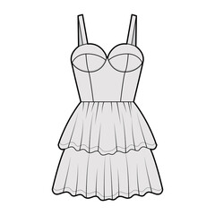 Bustier dress technical fashion illustration with shoulder straps, fitted body, 2 row mini length ruffle tiered skirt. Flat apparel front, grey color style. Women, men unisex CAD mockup