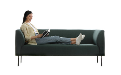 Fototapeta na wymiar Young woman reading book on comfortable green sofa against white background
