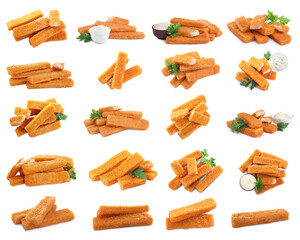Set with delicious fish fingers on on white background