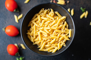 penne pasta semolina durum wheat italian cuisine meal snack copy space food background rustic top view