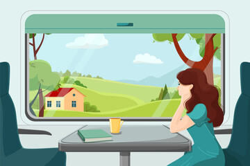 The girl looks thoughtfully from the train window. Rural landscape outside the carriage window. The girl is sitting in a train carriage. Summer travel. Vector illustration.