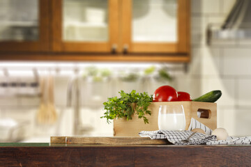 Desk of free space and kitchen interior 