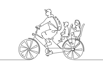 Fototapeta na wymiar Father and children on bicycle. Continuous line. Linear family on bike