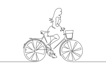 Girl on bike. Continuous line. Cyclist on bicycle linear silhouette
