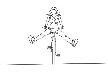 Girl on bike. Continuous line. Linear cyclist on bicycle, legs apart - obrazy, fototapety, plakaty