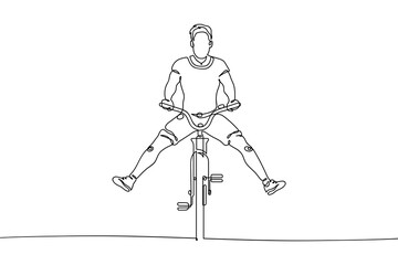 Guy on bike. Continuous line. Linear cyclist on bicycle, legs apart