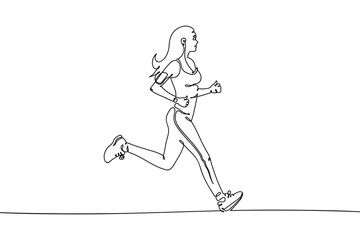 Fototapeta na wymiar Jogging woman. Continuous single line. Running girl linear silhouette