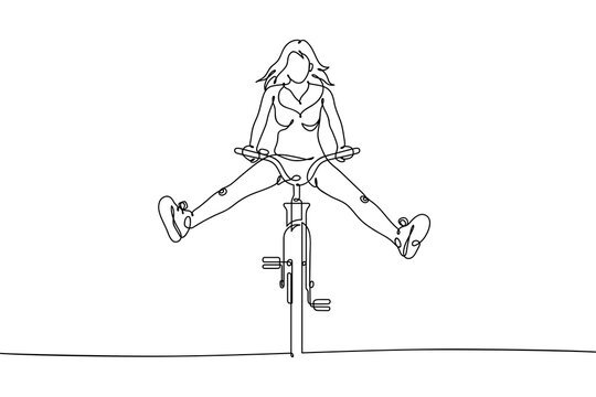 Girl on bike. Continuous line. Linear cyclist on bicycle, legs apart