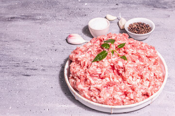 Raw pork minced meat in a ceramic stand