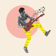 Fotobehang Contemporary art collage, modern design. Retro style. Stylish performer playing guitar on pastel color background © master1305
