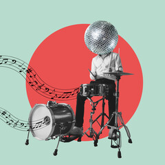 Contemporary art collage, modern design. Retro style. Stylish performer playing drums on pastel color background