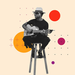 Contemporary art collage, modern design. Retro style. Stylish performer playing guitar on pastel...