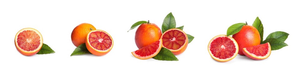 Set with ripe red oranges on white background. Banner design