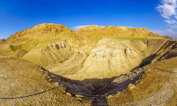 Desert cliffs and landscape in Qumran, near the Dead Sea
