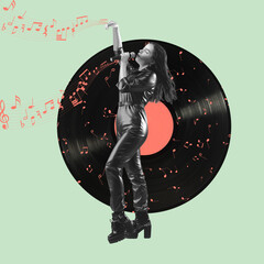 Contemporary art collage, modern design. Retro style. Stylish performer singing on pastel color background