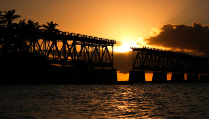 Old bridge on Key West in Florida during sunset time, Bahia Honda State park, US