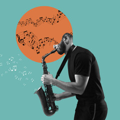 Contemporary art collage, modern design. Retro style. Stylish hipster, man playing saxophone on blue background