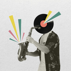 Contemporary art collage, modern design. Retro style. Stylish hipster, man playing saxophone on magazine paper background