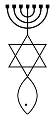 Jewish traditional religious symbols. Menorah, star of David and fish black line isolated vector illustration.