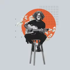 Poster Contemporary art collage, modern design. Retro style. Stylish performer playing guitar on pastel color background © master1305