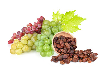 Grape isolated. Green grapes with leaves on white.