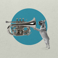 Contemporary art collage, modern design. Retro style. Cute dog standing against giant saxophone on...