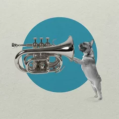 Poster Contemporary art collage, modern design. Retro style. Cute dog standing against giant saxophone on pastel color background © master1305