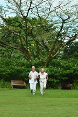 Happy senior woman and man  in park