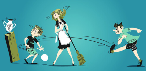 Insurance concept - vector illustration of 2 children play at home with football and break a vase. mom sweeps the floor. 
