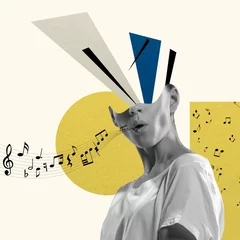 Wandcirkels plexiglas Contemporary art collage, modern design. Retro style. Stylish performer singing on pastel color background © master1305