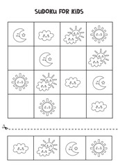 Sudoku game for kids with cute black and white weather icons.