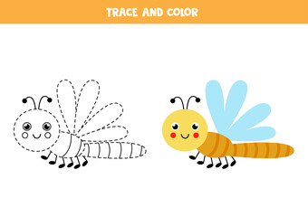 Trace and color cute dragonfly. Worksheet for kids.