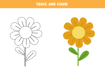 Trace and color cute flower. Worksheet for kids.