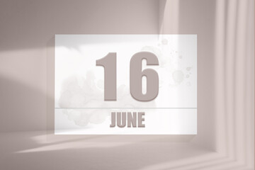 june 16. 16th day of the month, calendar date.White sheet of paper with numbers on minimalistic pink background with window shadows.Summer month, day of the year concept