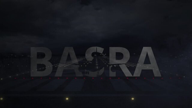 Airliner taking off from the airport runway and BASRA city name, 3d animation
