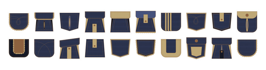 Big set of blue denim patch pockets with brown stitch. Pleated design shape for women pants or tshirt. Vector isolated icon of unisex garment.