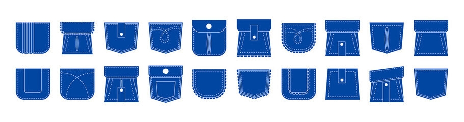 Set of blue flat patch pocket icon. White stitch symbol for tsirt, jeans, pants. Pleated sign with frill or ruffles.